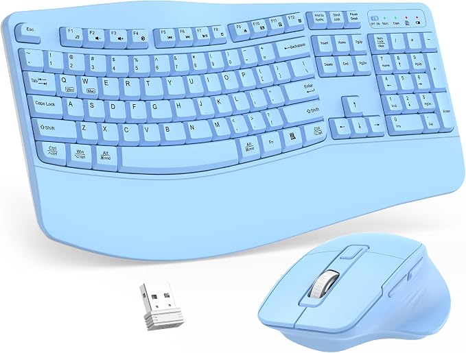 Wireless Keyboard and Mouse Combo, 2.4G Ergonomic Wave Keys(Sky Blue) | Full Size Wave Keyboard with Wrist Rest, 3-Level DPI Adjustable Ergonomic Mouse for Windows and Mac OS Desktop/Laptop/PC