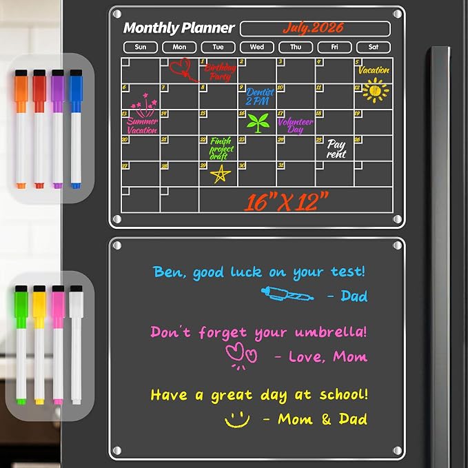 FINDMAG Fridge Calendar Magnet, Dry Erase Calendar, 2 Pcs 16" x 12" | Acrylic Calendar for Fridge, Meal Planner for Fridge Use with Family Schedules, Shopping Notes