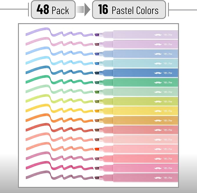 Mr. Pen- Aesthetic Highlighters No Bleed Bulk, 48 Pack, Pastel Color | Chisel Tip, Cute Highlighters Assorted Colors for Journaling, Highlighting, Underlining, Fast Dry, Back to School Supplies