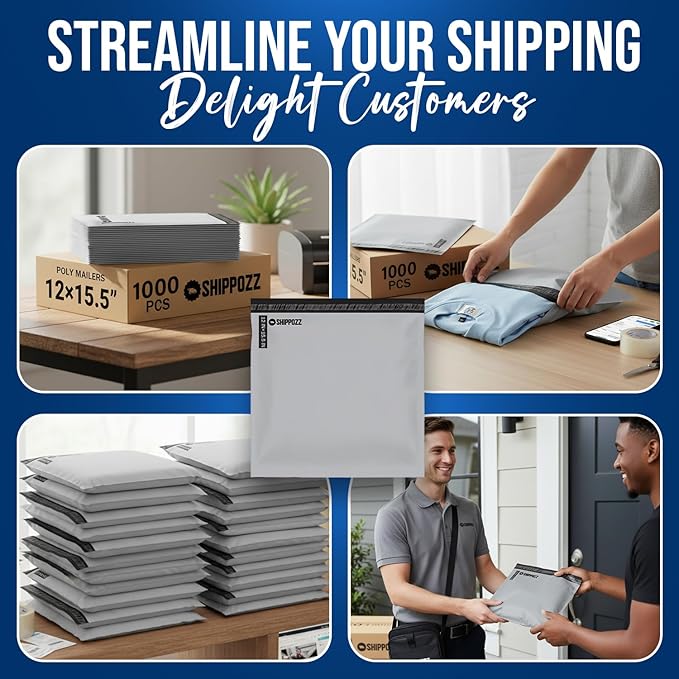 Shippozz 12x15.5 Poly Mailers 1000 Pack, Durable Waterproof Polymailers for Shipping Clothes, Self Seal Mailing Bags for Small Business Packaging Supplies, Mailing Envelopes for Books, and Accessories