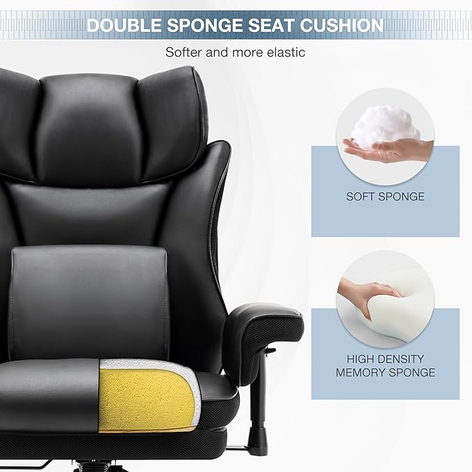 650lbs Big and Tall Office Chair with for Heavy People with Massage Lumbar Pillow, Heavy Duty Executive Desk Chair with Adjustable Padded Armrest & Lumbar Support for Adults 8 Hours Daliy Work