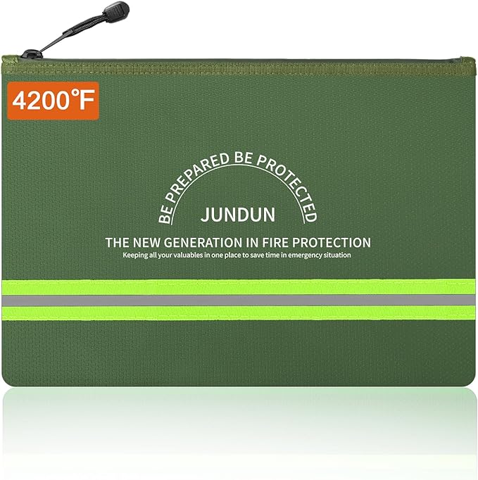 JUNDUN Fireproof Document Bag,14.2”x 10.0”Waterproof and Fireproof Money Bag with Aluminum Foil Lining,Fireproof Safe Storage Pouch with Zipper for Document and Cash,Green