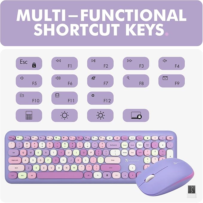 X9 Retro Wireless Keyboard and Mouse Combo - 2.4G Colorful Purple Keyboard and Mouse Wireless - Cute and Aesthetic Typewriter Combo for PC Computer Desktop and Laptop - Full Size