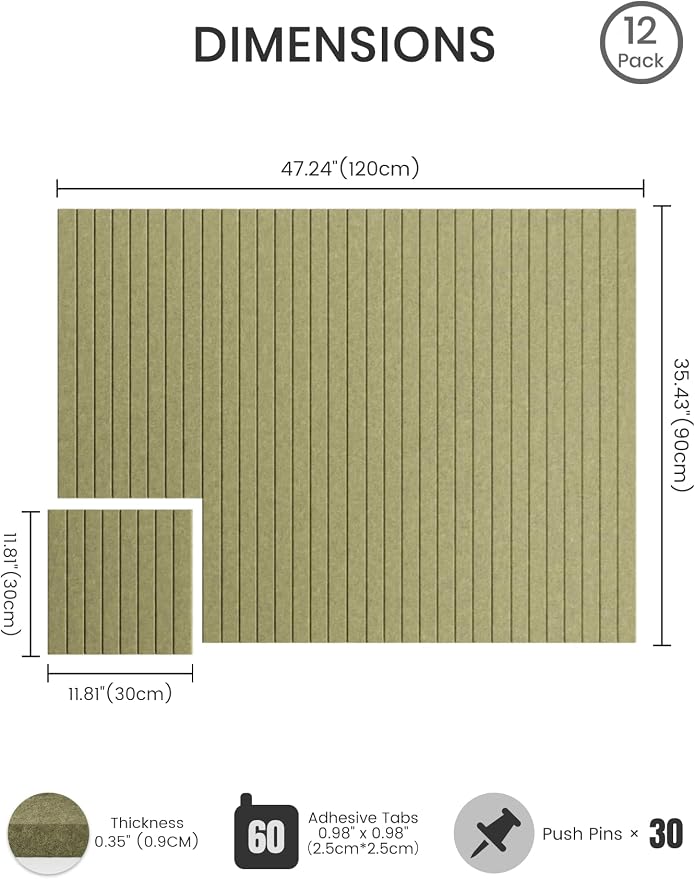 Bumusty 48"x 36" Large Felt Bulletin Board Tiles, Olive Green | 12-Pack Cork Board Alternative, Wall Decor, 30 Pushpins, 60 Adhesive Tabs, Vision Board, Office, Classroom, Home, Dorm