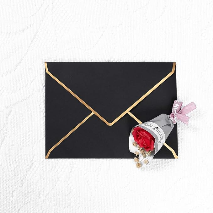 50 Pack A4 Envelopes Black 4x6 with Gold Border, 4.25x6.25 | Self-Adhesive, V Flap, For Wedding, Graduation, Baby Shower, Parties, Invitations