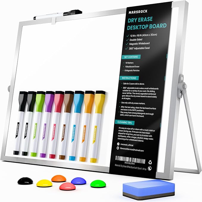 Dry Erase White Board with Stand, Double-Sided Whiteboard 16"x12" | 10 Markers, 6 Magnets, 1 Eraser, Portable Desktop Whiteboard for School, Office & Home Planning
