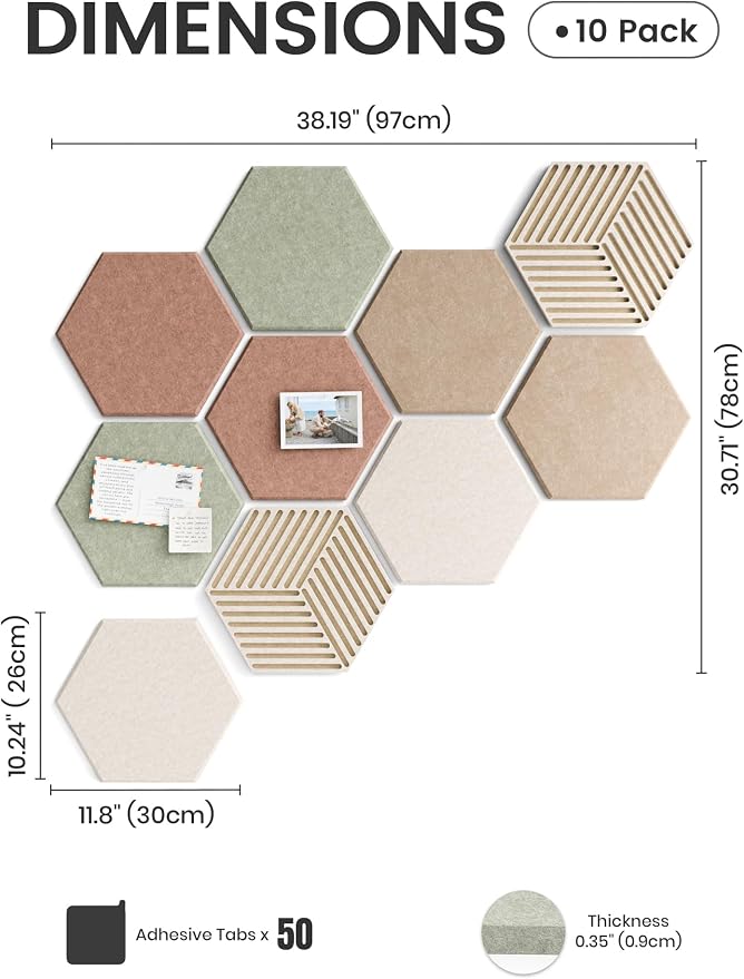 Fluxynara 10-Pack Hexagon Cork Board Alternative, Boho | Felt Bulletin Board with 50 Adhesive Tabs, Ideal for Vision Boards and Wall Decor in Homes, Offices, Classrooms, and Dorms