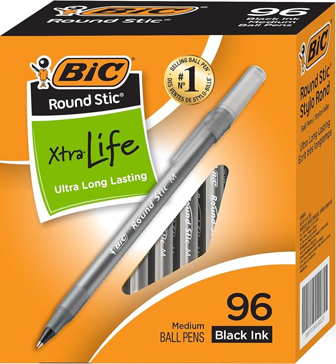 BIC Round Stic Xtra Life Ballpoint Pens - 1mm, Pack of 96 Black Pens | Medium Point, Ultra Long Lasting and Consistent Ink Flow, No. 1 Selling Ballpoint Pens