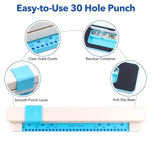 30 Hole Paper Punch, Binding Machine for Planner, A4 A5 A6 A7 B5 B6 B7 Book Binder Notebooks Loose Leaf Paper Punch Machine, Portable Adjustable Hole Puncher, 5-Sheet Capacity, for School, Office