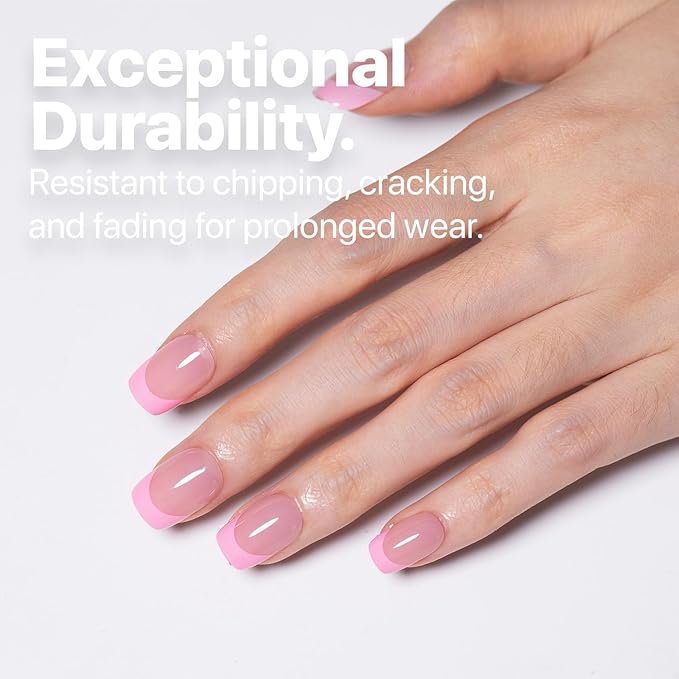 SXC Cosmetics French Tip Press On Nails 150 Pieces in 15 Sizes Ultra Fit with Pre-applied Tip Primer and Base Coat, No Need to File Fake Nails for Nail Art DIY X-Pro Tips (5PINK113-XS Square)