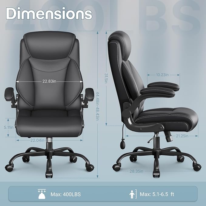 Ergonomic Office Chair, Big and Tall Office Chair, Executive Chair- Padded Leather Comfy Chair with Adjustable Lumbar Support & Flip-Up Arms, Rocking Swivel Chair for Home Office,Black