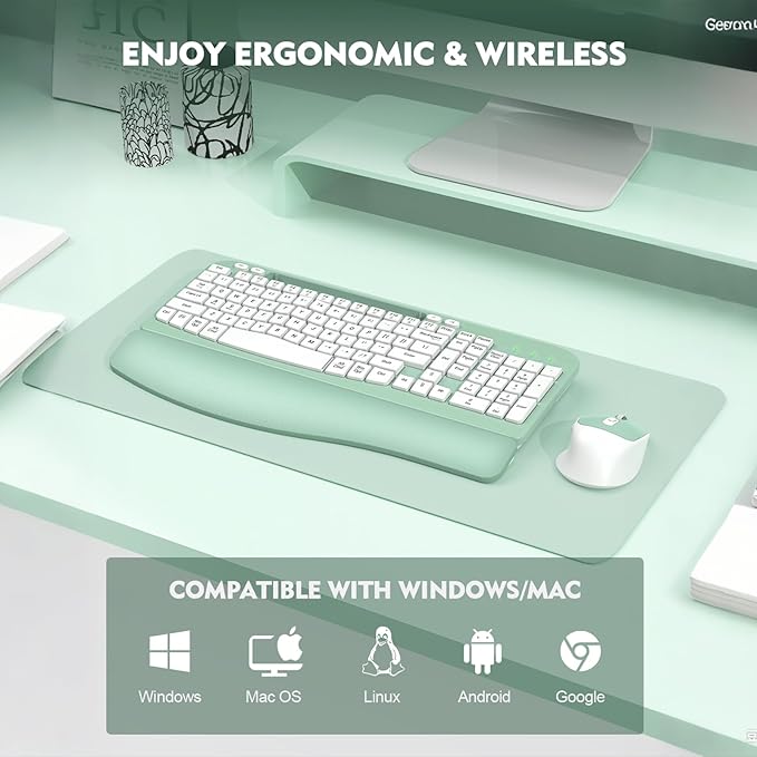 Wireless Keyboard and Mouse Combo, Wave Keys Full-Sized Ergonomic Keyboard with Cushioned Plam Rest, Phone Holder, Comfortable Natural Typing, 2.4G Cordless Set for Computer, Laptop, Pc, Mac, Windows