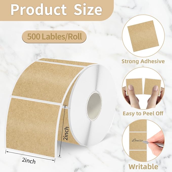 Starboling 2"x2"Square Thermal Labels,Self-Adhesive Thermal Sticker Printer Labels for Small Business,Address,Color Coding（Kraft）