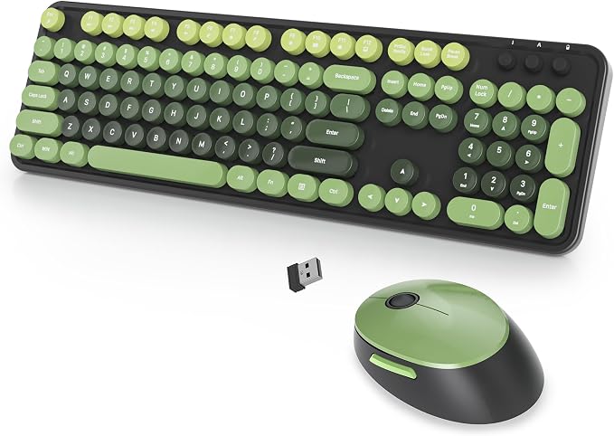 Wireless Keyboard and Mouse Set, Retro Typewriter Dark Green | 1600DPI Full Size With Number Pad & Mouse,Compatible With All Windows,Ideal For Computer, PC, Notebook, Laptop