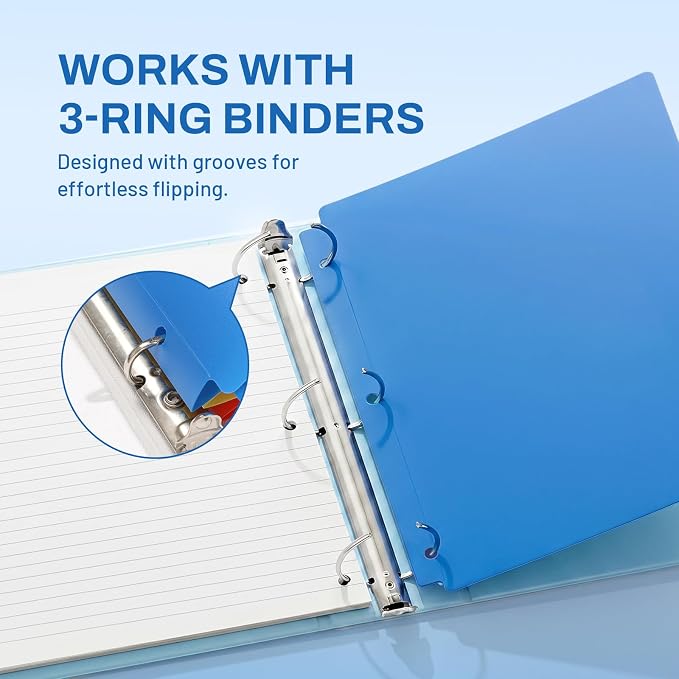 SUNEE 3 Hole Pocket Folders (1 Pack, Blue), Plastic Pocket Folders for 3 Ring Binder, 3-Hole Punched Folder with Pockets, for Kids, Students, Teachers, Office Staff