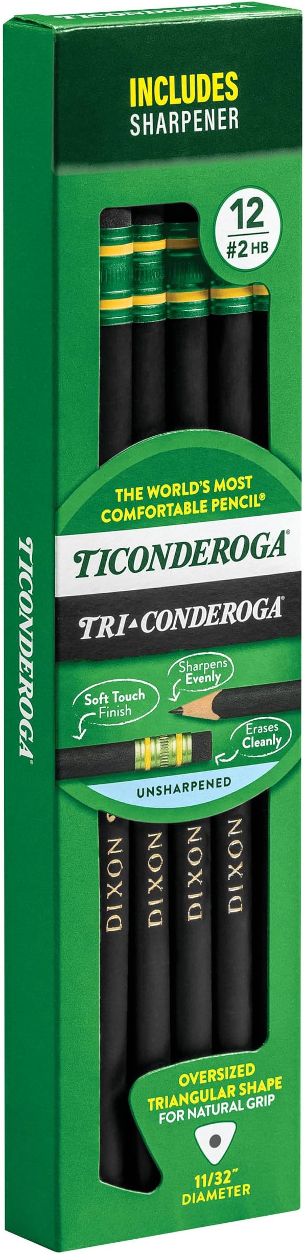 Ticonderoga Tri-Conderoga Triangular Pencils, Wood-Cased #2, Sharpener, Soft Touch Comfort Barrel, Black, (22500) (Pack of 6, 72 Count Total)