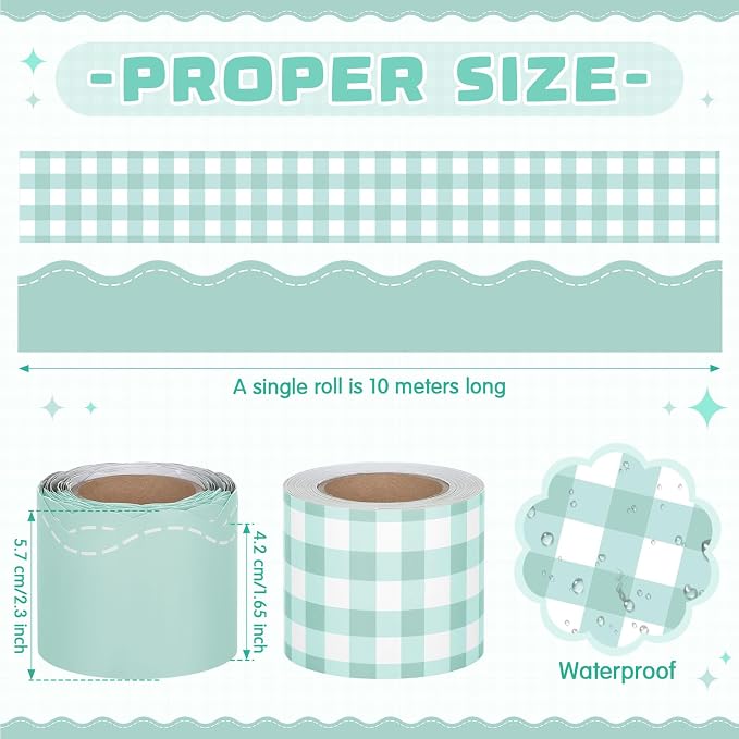 2 Rolls 65.6ft Mint Green Gingham Bulletin Board Borders Decoration Green Checkered and Straight Edge Bulletin Borders Board Trim for Office School Classroom Chalkboard Party Decoration