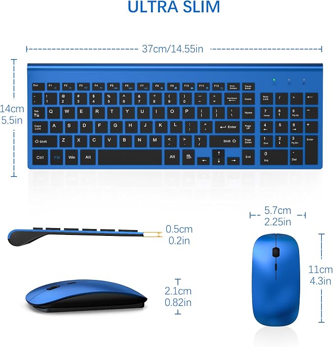 Wireless Keyboard and Mouse Ultra Slim Combo, TopMate - Blue Black | 2.4G Silent Compact 2400DPI Mouse and Scissor Switch Keyboard Set with Cover, Batteries Included, for PC/Laptop/Windows/Mac