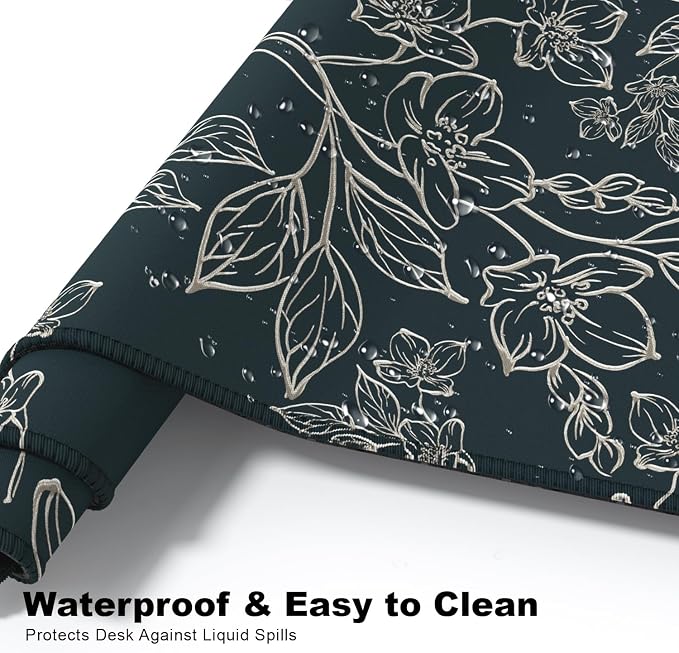Desk Mat, Large Gaming Mouse Pad, 32" x 12", Retro Line Floral | Waterproof Desk Pad, Non-Slip Rubber Base, Desktop Mat with Stitched Edges, Desk Accessories for Office, Work, Home