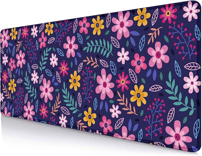 Purple Pink Flowers Desk Mat, Daisy Floral Extended Large Gaming Mouse Pad, Non Slip Rubber Base Stitched Edge Desktop Desk Pad for Computer, Christmas and Thanksgiving Gifts, 31.5 x 11.8 in