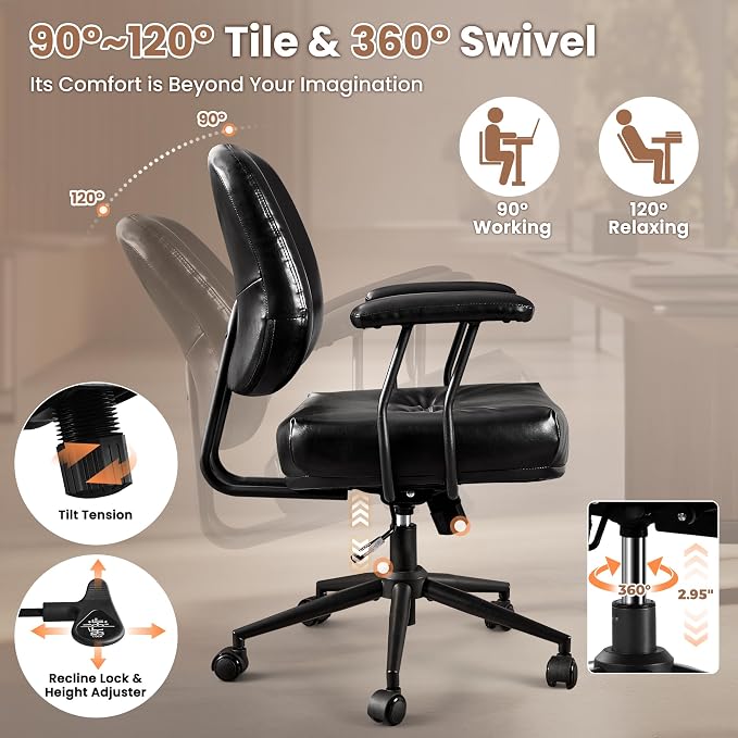 ovios Home Office Chair with Thick Cushion, Mid-Century Modern Faux Leather Ergonomic Chairs, Mid Back Swivel Rolling Computer Executive Armchair (Black, PU Leather)
