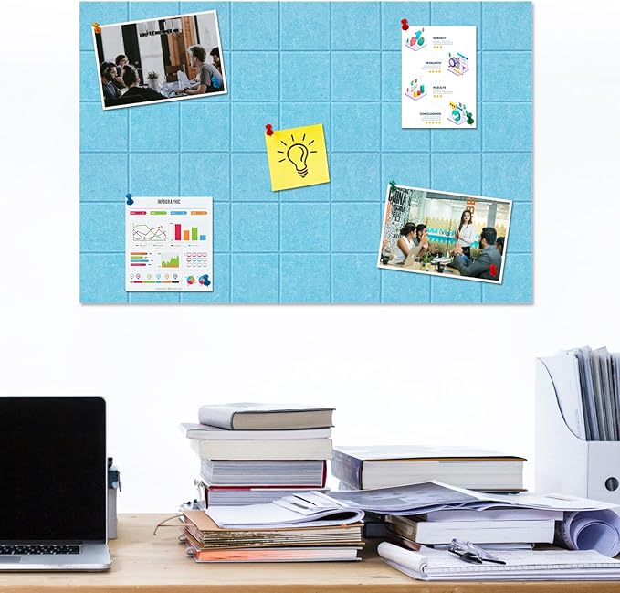 Large Square Felt Cork Board Tiles, Self Adhesive DIY Felt Bulletin Board Pin Board with 35 Pushpins for Office School Home Wall Decor Stickers Memos Photos Display (Sky Blue)