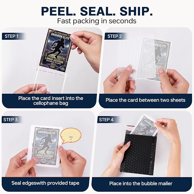 Trading Card Shipping Kit with Bubble Mailers, Kraft Envelopes and Sleeves | Includes card shipping protectors, clear bags and tape seals for layered protection, fast packing and everyday card shipping.