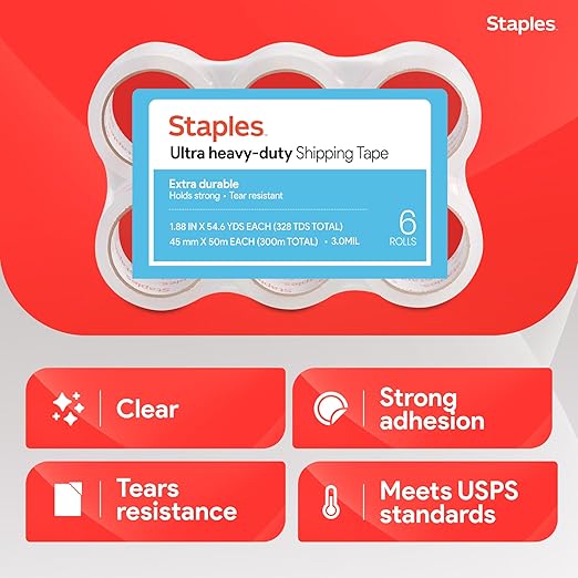 STAPLES Ultra Heavy‑Duty Packing Tape, 1.88” x 54.6 Yards, Clear — 6/Roll Pack