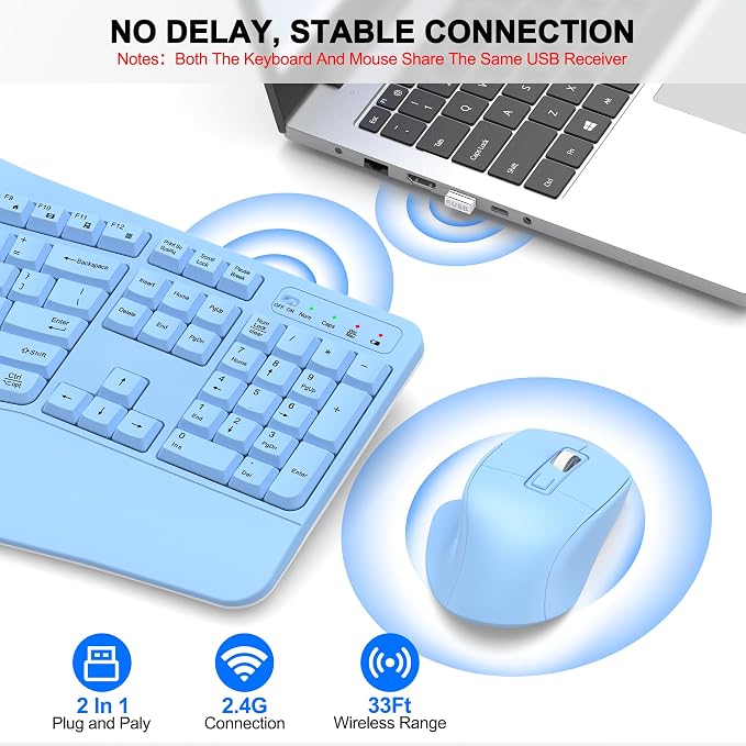 Wireless Keyboard and Mouse Combo, 2.4G Ergonomic Wave Keys(Sky Blue) | Full Size Wave Keyboard with Wrist Rest, 3-Level DPI Adjustable Ergonomic Mouse for Windows and Mac OS Desktop/Laptop/PC