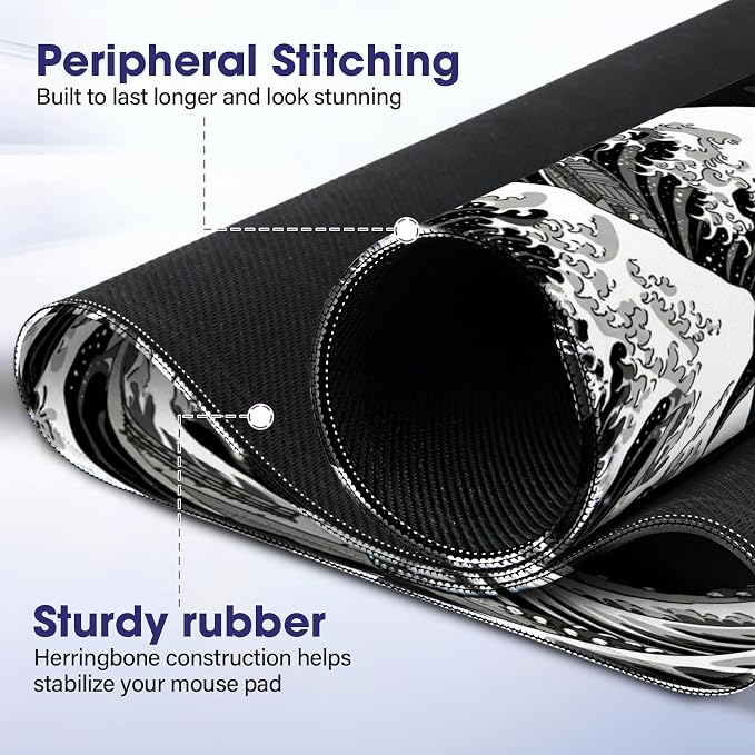 Large Extended Mouse Pad with Stitched Edges 35.4"x15.7" - Waterproof Desk Mat, Non-Slip Rubber Base for All-Desk Coverage, Perfect for Gaming Office Home, White Wave
