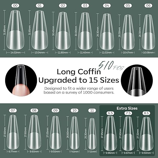 modelones X Nail Gel Kit, Fake Nails Long Coffin, 9-in-One Glue Prep Dehydrator & Portable Mini U V Light Acrylic Clipper, 500Pcs Coffin Tips for Extension Kit DIY Salon Home Gifts for Women
