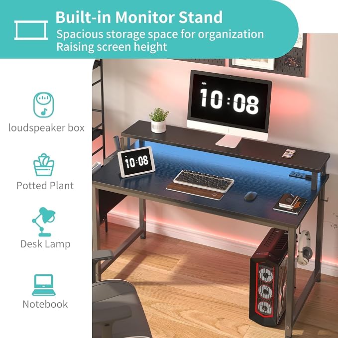 Lufeiya Black Gaming Desk with LED Lights and Power Outlets, 40 Inch Teen Writing Study Table Home Office Desks with Monitor Stand, Computer Desk with Charging Station USB Port, Black