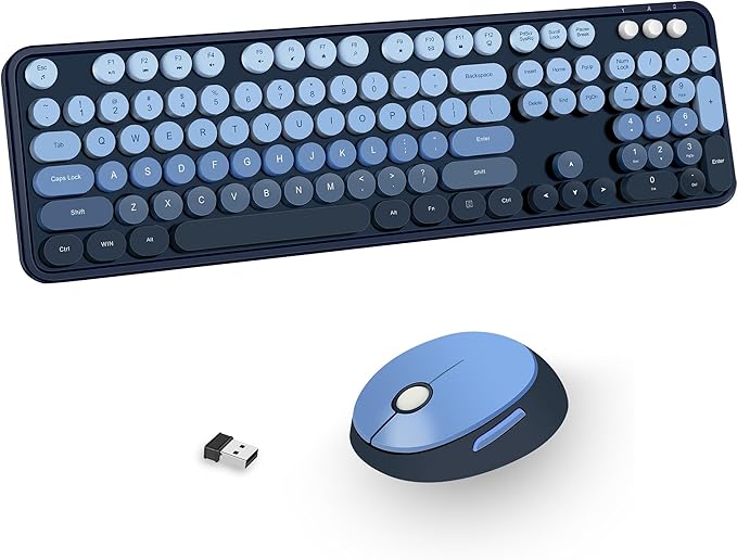 Wireless Keyboard Mouse, Cute Colorful 104 Keys Typewriter Blue | Full Size With Number Pad & Mouse,Compatible With All Windows,Ideal For Windows,1600DPI,Computer, PC, Notebook, Laptop