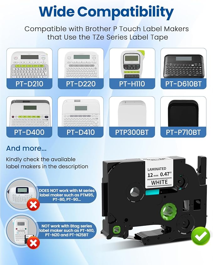 8-Pack Label Maker Tape 12mm 0.47 Laminated White Replacement for Brother P Touch Label Tape TZe-231 Compatible with Brother P Touch Label Maker PT-D210 PT-H110 PT-D220 PT-D400 PT-1880 PT-1280
