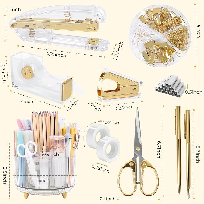 SKYDUE Gold Office Supplies Set with Pencil Holder for Desk | Gold Desk Accessories with Gel Pen, Stapler, Tape Dispenser, Scissors,Clips and 1000pcs Staples, Office Decor for Women