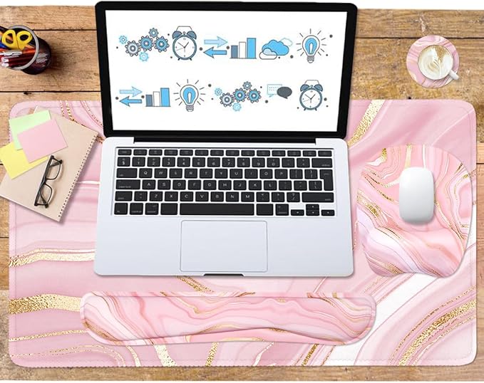 Keyboard Wrist Rest Large Mouse Pad Wrist Support for Computer, 4 in 1 Memory Foam Keyboard Pad Desk Mat Ergonomic Hand Rest Wrist Cushion for Home Office Gaming - Pink Marble