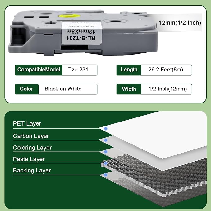 Label Maker Tape Replacement for TZe-231 TZe231 TZ-231, 12mm 0.47" Laminated Black on White for Brother P Touch PT-D210 PT-D220 PT-H110 PT-D400 PT-D410 PT-D600 PT-D610BT, 1/2" x 26.2ft,10-Pack