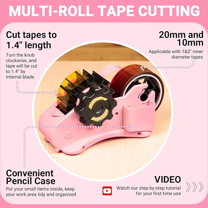 THINKLEARN Heat Tape Dispenser - Sublimation Heat Transfer Tape Dispenser with Scissors and Utility Knife, 1 '' & 3'' Core, Multi-Roll Pre-Cut Tape Dispenser, Light Pink