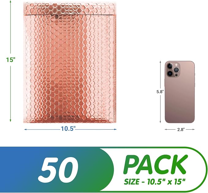 Metallic Bubble Mailers 10.5 x 15 Inches Rose Gold, 100 Pack Heavy Style Padded Envelopes for Shipping, Mailing, Packaging Protection