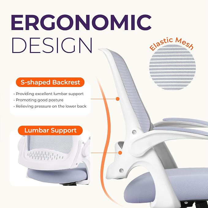 NEO CHAIR Office Desk Chair, Ergonomic Mesh with Flip-Up Armrests, Purple | Lumbar Support, Height Adjustment, 360° Swivel and Rolling Base, Space-Saving Design for Home Office, Vanity or Study