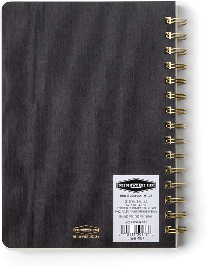 DesignWorks Ink Textured Paper Twin Wire Notebook, Daily Planner & Soft Cover Writing Journal, 160 Lined Perforated Pages, Small Spiral Notebook for Work & Journaling, 6 x 8.25 in, Black