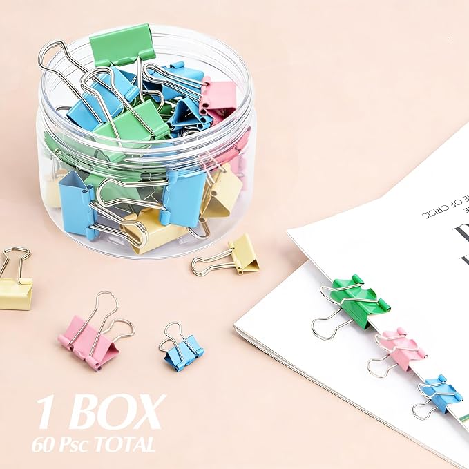 Binder Clips Assorted Sizes, Durable Metal Binder Clips for Office, Cute Desk Supplies for Teachers Student (60, Colorful)