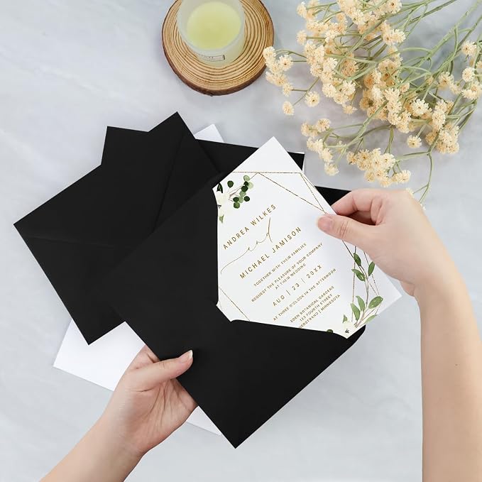 50 Pack A7 Envelopes, Black Greeting Card Envelopes Self Seal, 5.24 x 7.24 in Envelopes for Birthday Graduation Baby Shower Wedding Invitation Cards