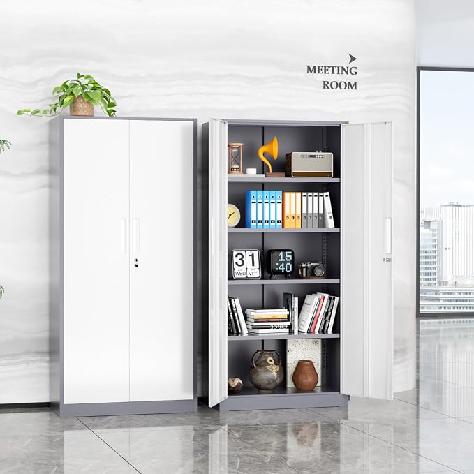 Metal Storage Cabinet, 72" Locking Steel Cabinets with 2 Door and 4 Adjustable Shelves, Tall Metal Cabinet for Home Office, Garage, Warehouse, New Grey