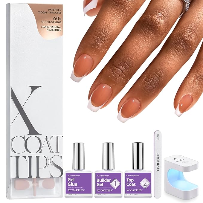 BTArtboxnails XCOATTIPS Gel Nail Kit - Short Coffin French Tip Press on Nails Kit, Brown Soft Gel Nail Tips with Nail Gel, French Protecing Duo and Nail Lamp for Gift Home DIY