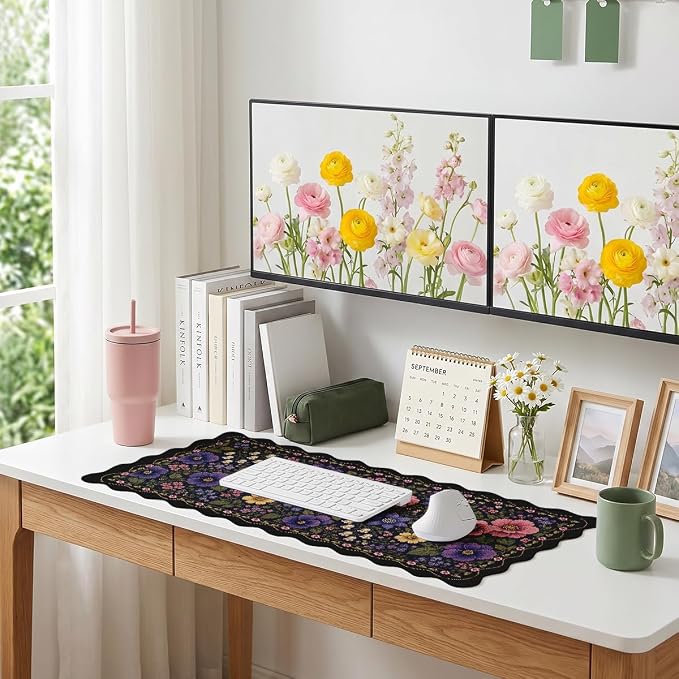 Dark Floral Scalloped Mouse Pad Black Blue Blush Garden Flowers Large Gaming with Stitched Edges,Non-Slip Waterproof Rubber Base Mous Mat Office Computer Keyboard Laptop Home 31.5"x15.7"