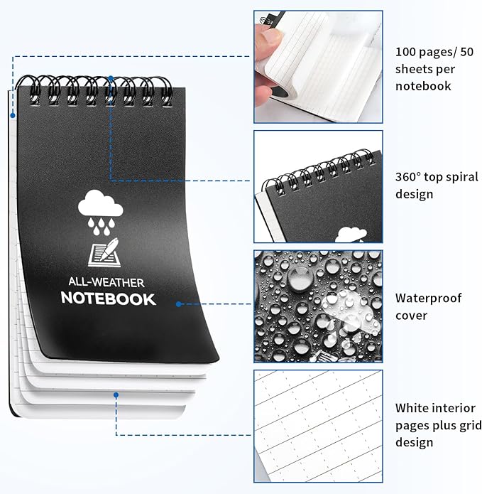3 Pack Waterproof Notebook, 3 x 5 Pocket Notepad, All Weather Small Pocket Notebook Paper, Mini Spiral Notepad Police Notepad 100 Lined Pages for Outdoor Office