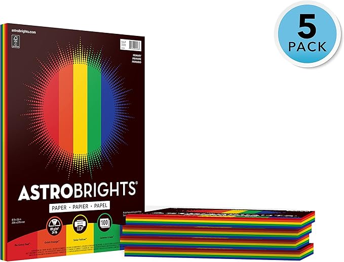 Astrobrights Colored Paper, 8.5" x 11" 24 lb/89 gsm, "Primary" 5-Color Assortment, 5 Individual Packs of 100 Assorted Sheets - 500 Sheets in Total (22228)