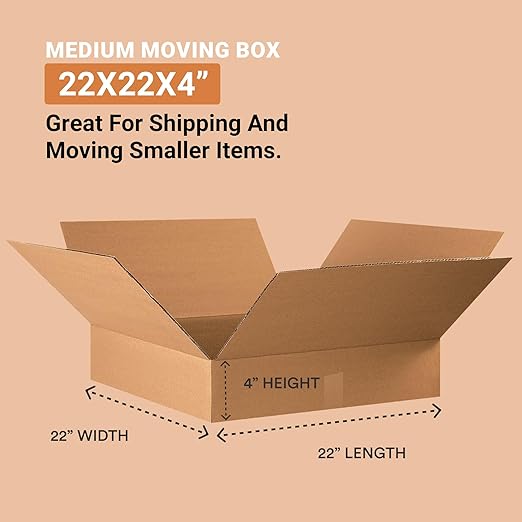 BOX USA Shipping Boxes Flat 22"L x 22"W x 4"H 10-Pack - Corrugated Cardboard Box for Moving, Mailing, Packing, Packaging and Storage