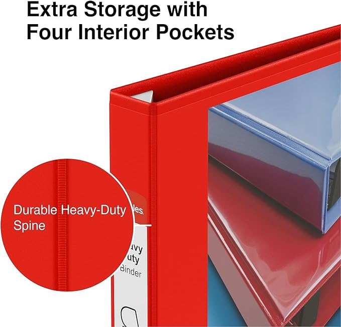 Staples Heavy-Duty 1-Inch D-Ring View Binder, Reinforced Spine, Holds Up to 275 Sheets, Red, for Office & School